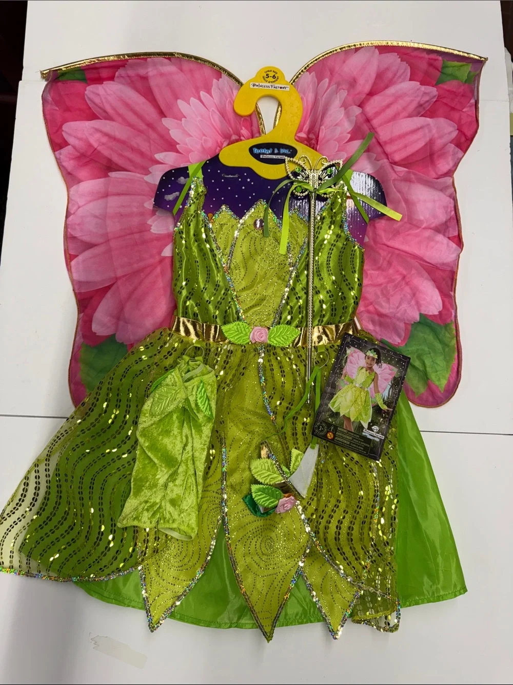 NEW Princess Factory Green Princess Fairy Girls Costume with Pink Wings Size 5-6